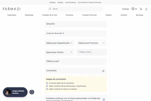 Captura de pantalla del formulario de Farmasi mostrando campos de dirección y contraseña