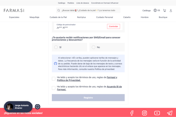 Captura de pantalla del formulario de Farmasi mostrando las casillas de aceptación de términos